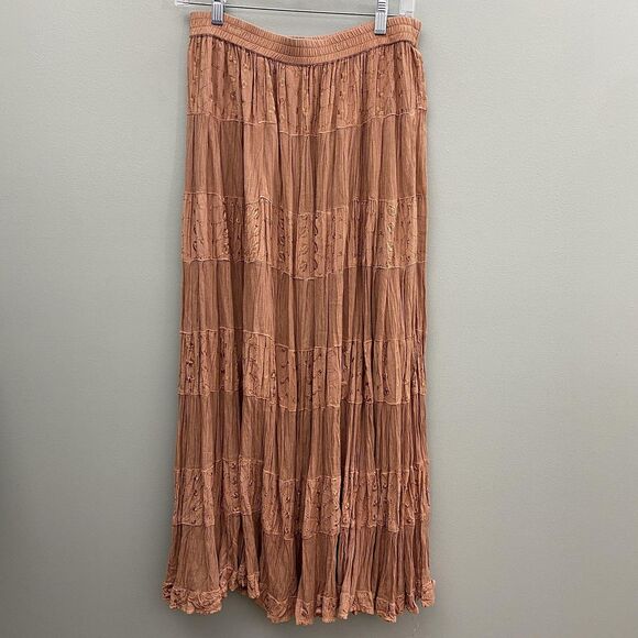 Sacred Threads Boho Maxi Skirt Embroidered One Size Brown Tiered Crinkle - Picture 4 of 8